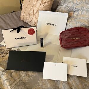 AUTHENTIC CHANEL PRODUCTS RED GOLD LIMITED MAKEUP BAG, LIP BALM, NWOT BA…